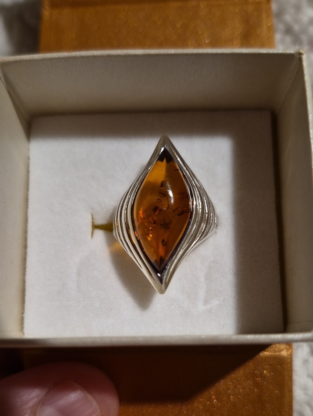 Amber Marquise Sterling Ring - Honey Amber Gemstone